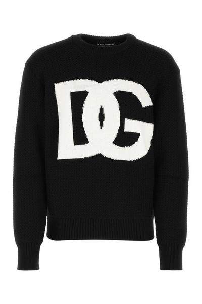 Dolce & Gabbana Ripped-detail Intarsia-knit Logo Sweater In Blue