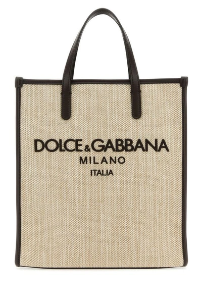 Dolce & Gabbana Man Sand Canvas Small Shopping Bag In Brown