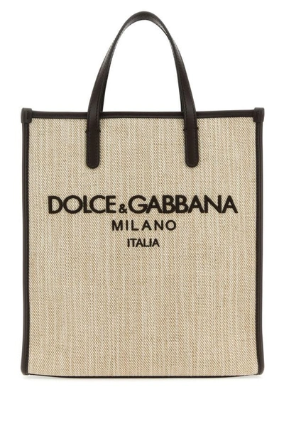 Dolce & Gabbana Men Sand Canvas Small Shopping Bag In Brown