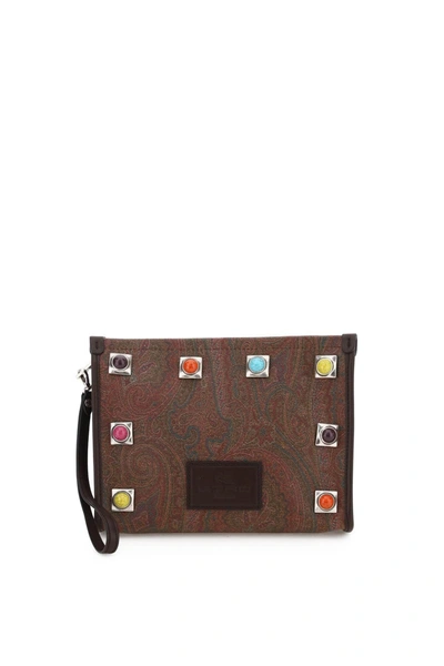 Etro Women Paisley Pouch With Studs & Stones In Brown