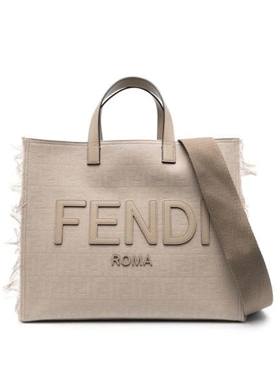 Fendi Large Ff Jacquard Fringed Tote Bag In Grey