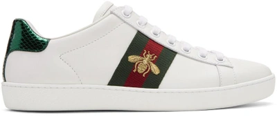 Gucci Ace Watersnake-trimmed Embroidered Leather Sneakers In White