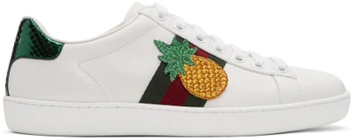 Gucci New Ace Pineapple-embellished Leather Trainers In White