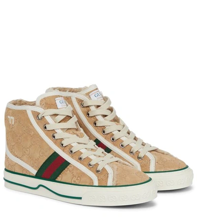 Gucci Women Beige Tennis 1977 Shearling-lined Suede And Canvas High-top Sneakers In Brown