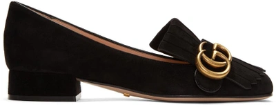 Gucci 25mm Marmont Fringed Suede Pumps, Black In Black