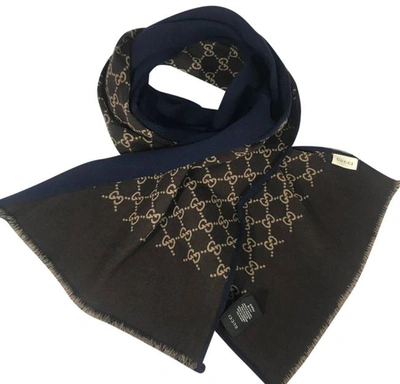 Gucci Women Blue/brown Gg Ripon Wool Unisex Scarf/wrap