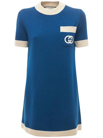 Gucci Women Blue/ivory Sleeved Whool Knit Mini Casual Dress