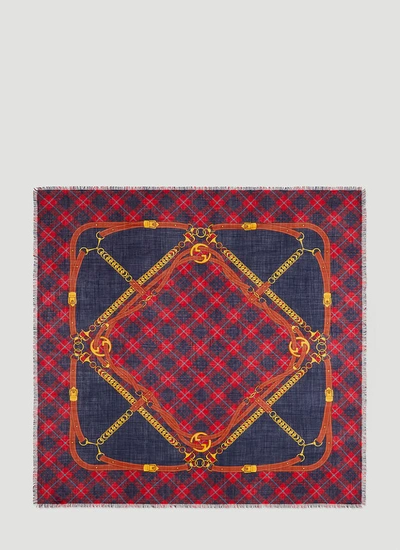 Gucci Harness Print Wool Scarf Female Red In Blue