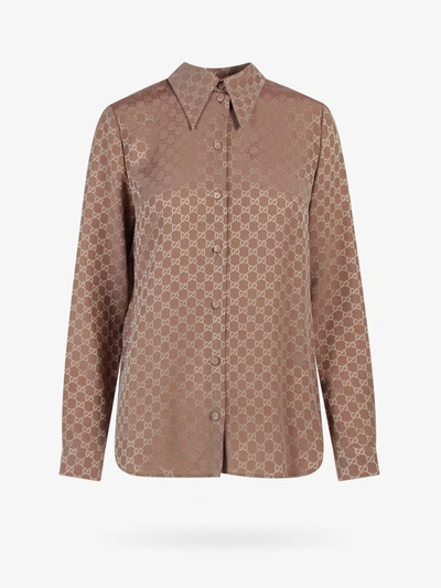 Gucci Women Silk-satin Jacquard Shirt In Brown