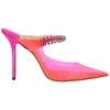 JIMMY CHOO JIMMY CHOO WOMEN FUCHSIA BING 100 NEON PVC AND CRYSTAL-EMBELLISHED SATIN MULES/SLIDES