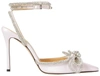 MACH & MACH MACH & MACH WOMEN WHITE DOUBLE BOW CRYSTAL-EMBELLISHED SILK-SATIN POINT-TOE PUMPS