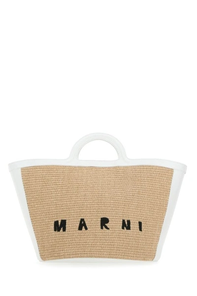 MARNI MARNI WOMAN TWO-TONE LEATHER AND RAFFIA LARGE TROPICALIA SUMMER HANDBAG