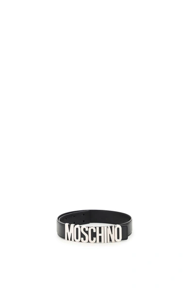 Moschino Men Logo Buckle Leather Belt  In Black