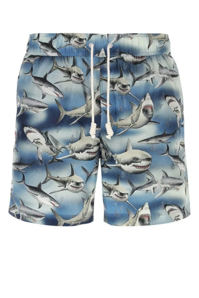 Palm Angels Man Printed Polyester Sharks Swimming Shorts In Multicolor