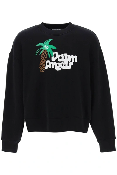 Palm Angels Logo Printed Crewneck Sweatshirt In Black,white