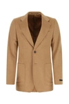Prada Structured Camel Blazer With Flap Pockets In Brown