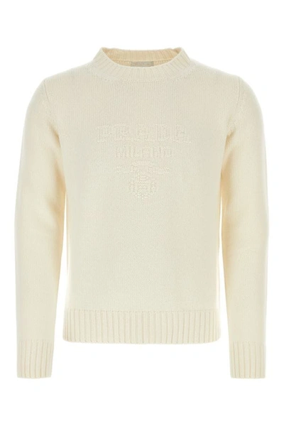 Prada Man Ivory Wool Blend Sweater In Cream