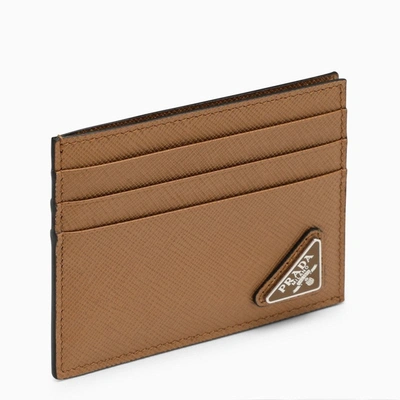 Prada Saffiano Leather Camel Card Holder Men In Brown