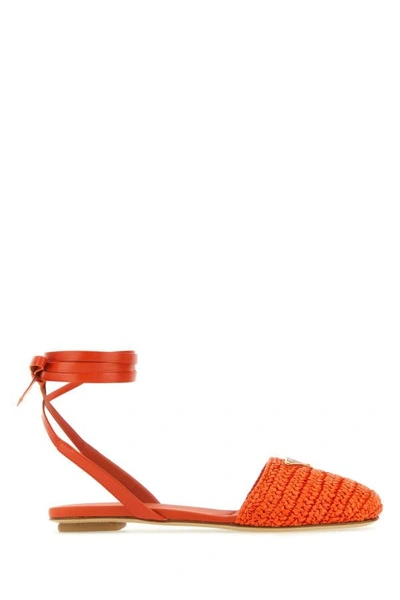 Prada Strappy Raffia Sandals In Orange