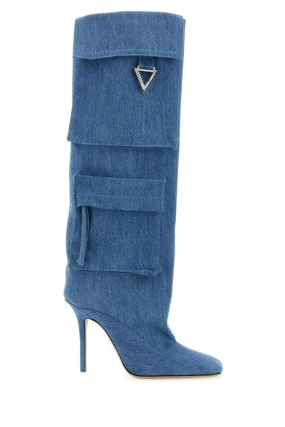 Attico Sienna High Heels Boots In Cyan Cotton In Denim Washed