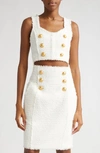 Balmain Gold-buttoned Tweed Crop Top In White