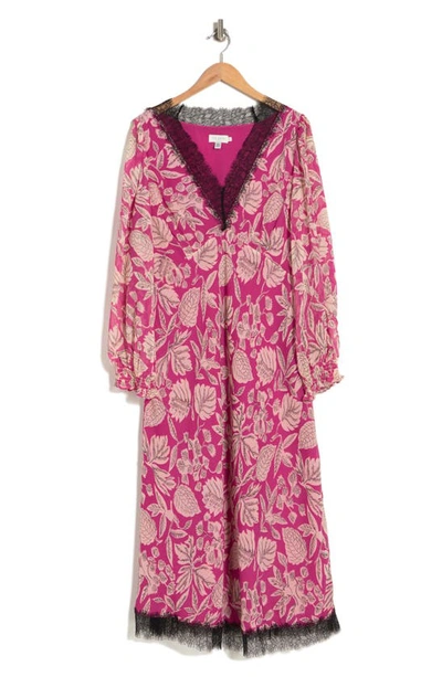 Ted Baker Izobele Long Sleeve Lace Trim Floral Print Midi Dress In Bright Pink