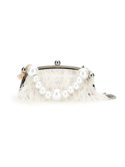 Monnalisa Feather Bag With Faux Pearl Handle In Ecru