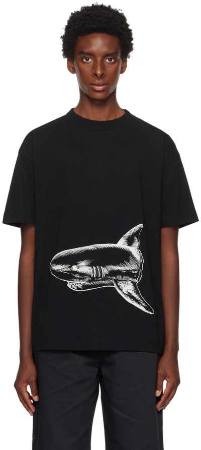 Palm Angels Shark-print Organic Cotton T-shirt In Black,off White