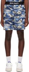Palm Angels Shark-print Logo-waist Shorts In Blue Black