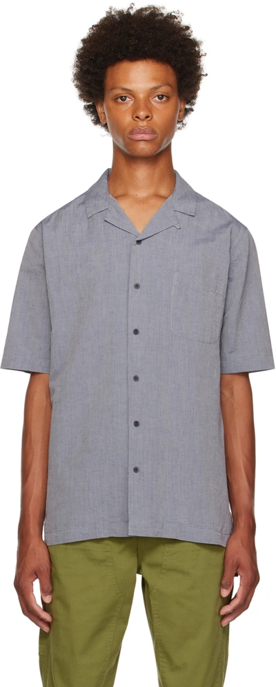 Sunspel Mens Light Navy Melange Camp-collar Short-sleeved Cotton-blend Shirt
