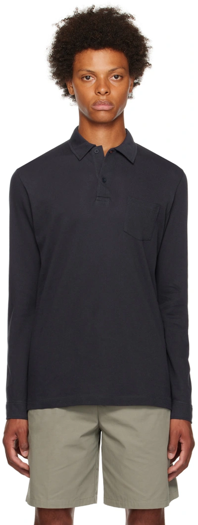 Sunspel Navy Riviera Long Sleeve Polo