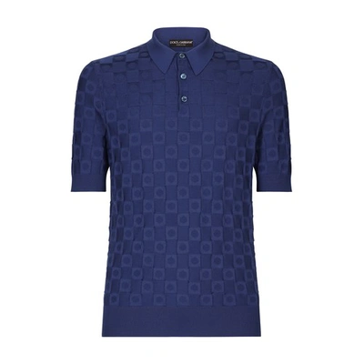 Dolce & Gabbana 3d Check Silk Jacquard Polo-shirt In Very_dark_avio