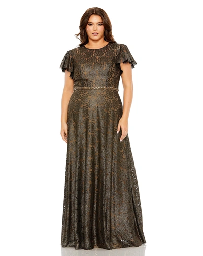Mac Duggal Lace Butterfly Sleeve Beaded Belt Gown In Black Gold