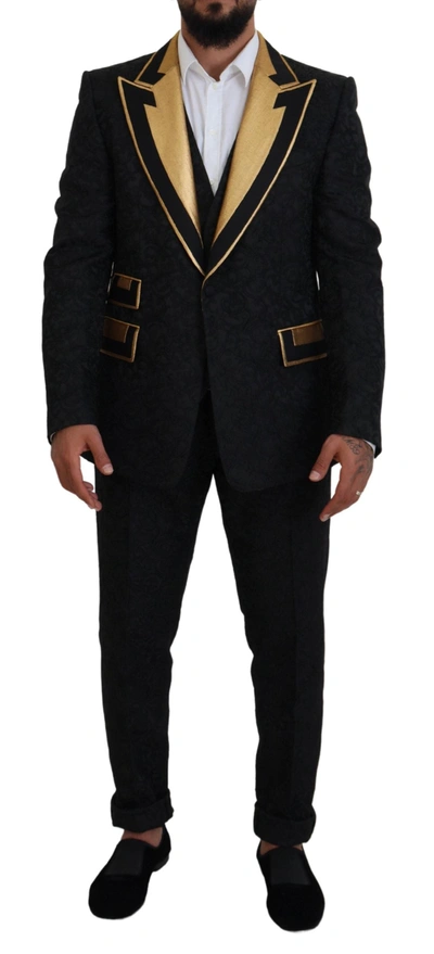 DOLCE & GABBANA DOLCE & GABBANA ELEGANT BLACK &AMP; GOLD SLIM FIT 3 PIECE MEN'S SUIT