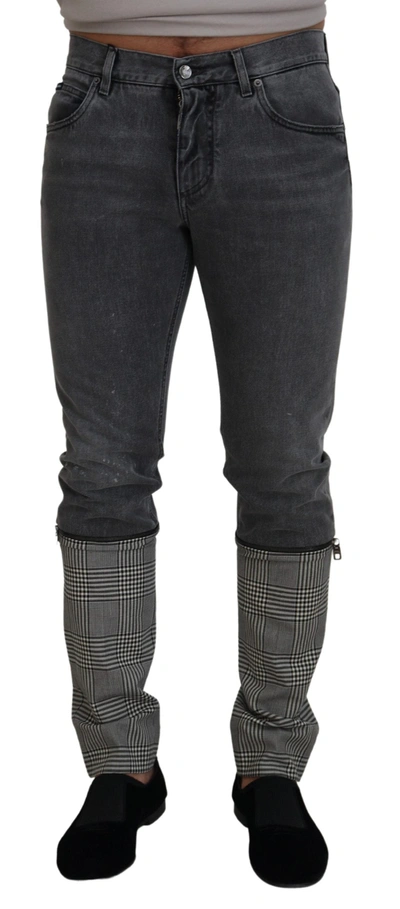 Dolce & Gabbana Gray Cotton Checkered Leg  Denim Jeans