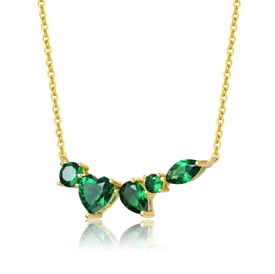 Genevive Gv Sterling Silver 14k Yellow Gold Plated Mixed Cut Emerald Cubic Zirconia Cluster Necklace In Green