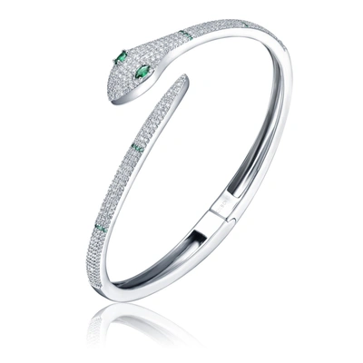 Rachel Glauber Rg White Gold Plated With Emerald & Cubic Zirconia Snake Bypass Coil Wrap Bangle Bracelet