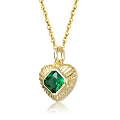 Genevive Sterling Silver 14k Yellow Gold Plated With Emerald Cubic Zirconia Sunray Heart Pendant Necklace In Green