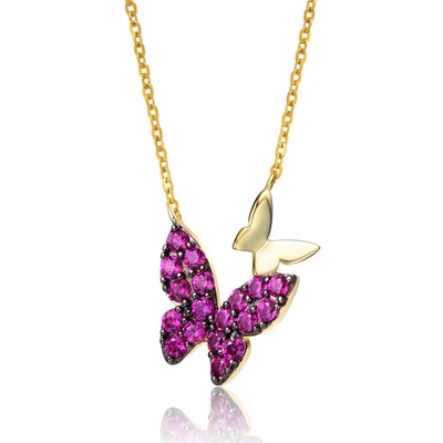 Genevive Ruby Cz Double Butterfly Layering Necklace In Pink
