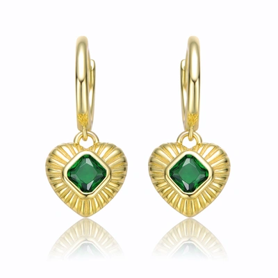 Genevive Gv Sterling Silver 14k Yellow Gold Plated With Emerald Cubic Zirconia Dangle Heart Huggie Hoop Earri In Green