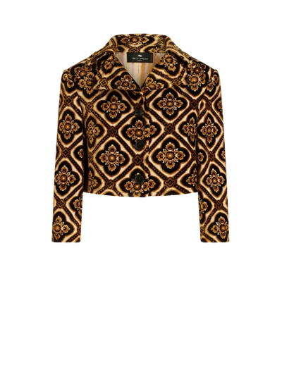 Etro Tapestry Patterned Cropped Velvet Jacket In Burgundy