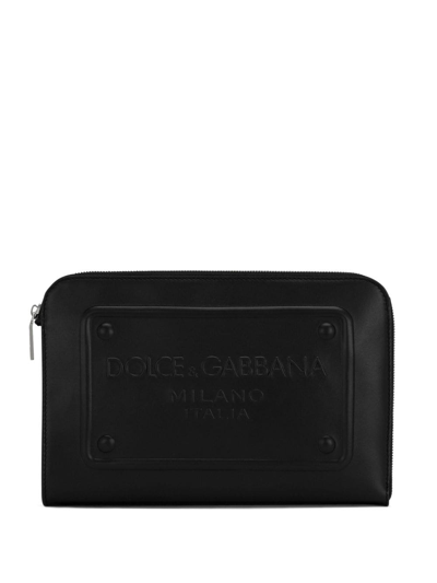 Dolce & Gabbana Logo-debossed Leather Clutch Bag In Black