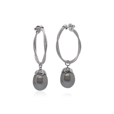 Alor Grey Twisted Cable Hoop Earrings With Black South Sea Pearls