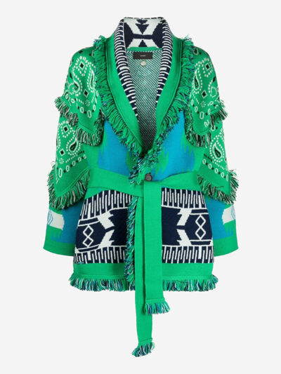 Alanui Intarsia-knit Frayed-edge Cardi-coat In Green