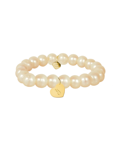 Jane Basch 14k 8mm Pearl Dangling Heart Initial Bracelet (a-z) In Multicolor