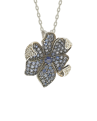 Suzy Levian Sapphire And Diamond Accent In Sterling Silver Petite Flower Pendant In Blue