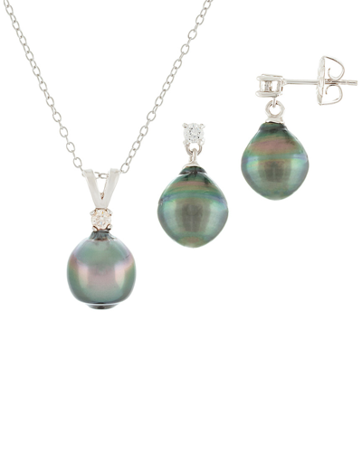 Splendid Pearls Silver 9-10mm Tahitian Pearl Earrings & Necklace Set