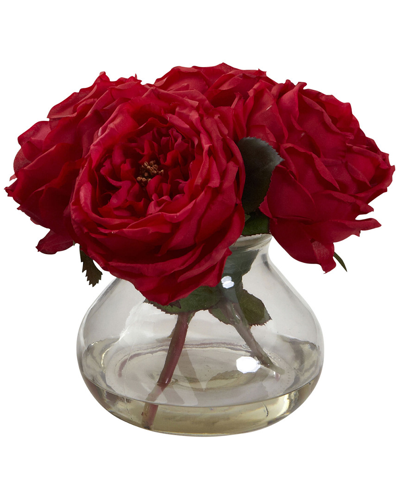 Nearly Natural Fancy Rose W/vase In Red