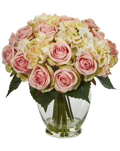 Nearly Natural Rose And Hydrangea Bouquet Artificial Arrangement In Pink
