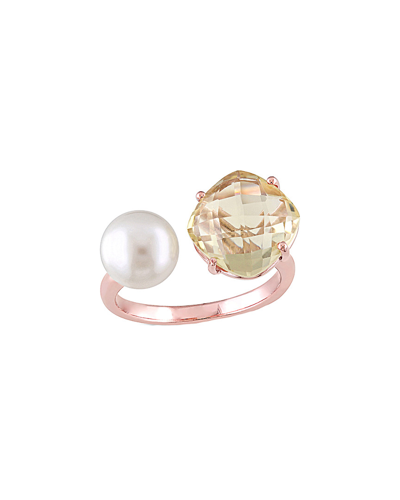 Pearls Rose-gold Over Silver 0.70 Ct. Tw. Lemon Quartz & Pearl Ring